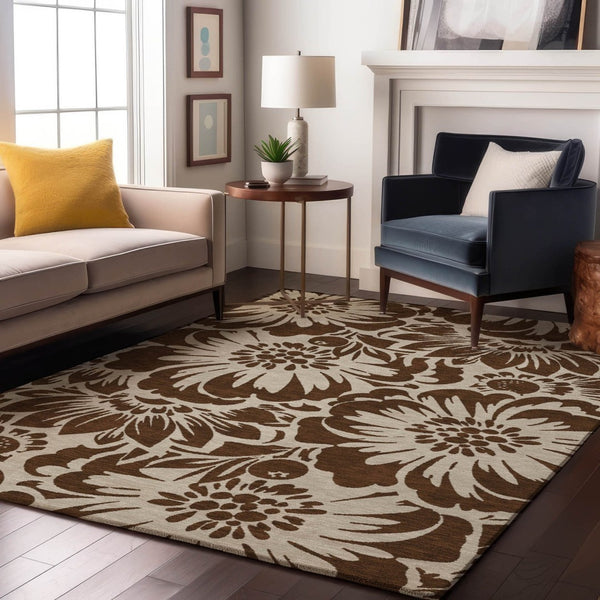 HomeRoots 5' Brown and Ivory Floral Washable Area Rug - UV Protected, Stain Resistant, Perfect for High Traffic Areas 648624