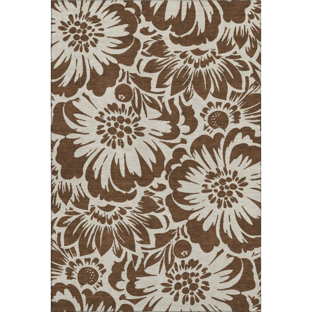 HomeRoots 5' Brown and Ivory Floral Washable Area Rug - UV Protected, Stain Resistant, Perfect for High Traffic Areas 648624