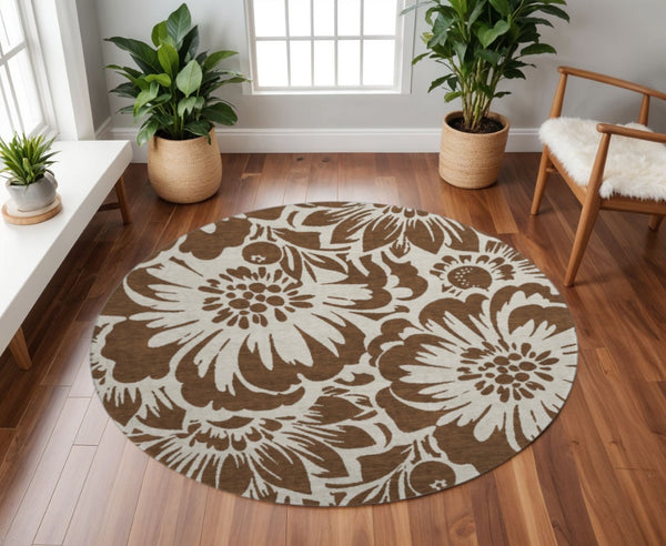 HomeRoots 8' Brown and Ivory Floral Washable Round Rug - UV Protected, Stain Resistant, Perfect for Homes 648625