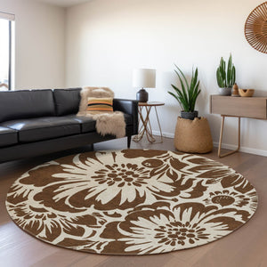 HomeRoots 8' Brown and Ivory Floral Washable Round Rug - UV Protected, Stain Resistant, Perfect for Homes 648625