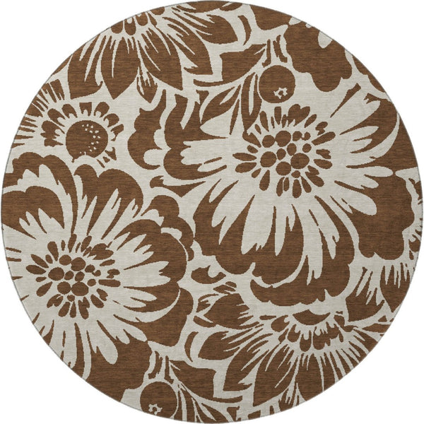HomeRoots 8' Brown and Ivory Floral Washable Round Rug - UV Protected, Stain Resistant, Perfect for Homes 648625