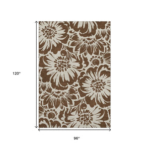 HomeRoots 8' X 10' Brown And Ivory Floral Area Rug - Washable, UV Protected, Durable for Family & Pets! 648626