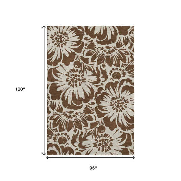 HomeRoots 8' X 10' Brown And Ivory Floral Area Rug - Washable, UV Protected, Durable for Family & Pets! 648626