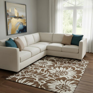 HomeRoots 8' X 10' Brown And Ivory Floral Area Rug - Washable, UV Protected, Durable for Family & Pets! 648626