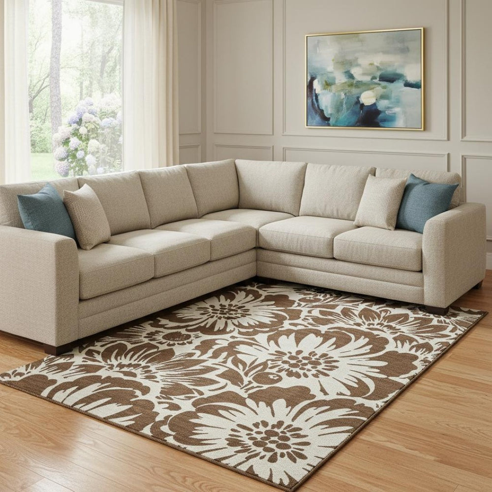 HomeRoots 9' X 12' Brown and Ivory Floral Area Rug - Washable, Stain Resistant, UV Protected for Family Spaces 648627