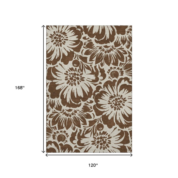 HomeRoots 10' X 14' Floral Area Rug in Brown and Ivory - Washable, UV-Protected, Stain-Resistant Design! 648628
