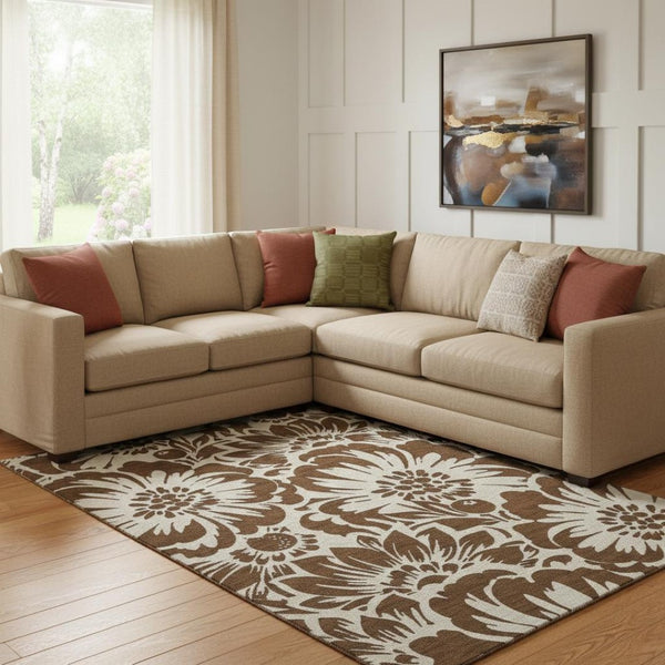 HomeRoots 10' X 14' Floral Area Rug in Brown and Ivory - Washable, UV-Protected, Stain-Resistant Design! 648628