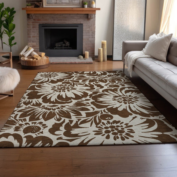 HomeRoots 10' X 14' Floral Area Rug in Brown and Ivory - Washable, UV-Protected, Stain-Resistant Design! 648628