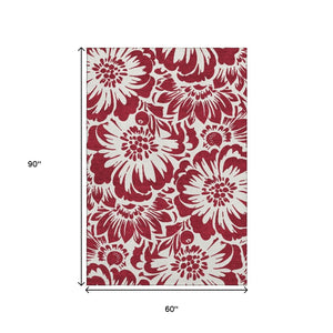 HomeRoots 5' X 8' Burgundy Floral Area Rug - Washable, UV Protected, Stain-Resistant, Stylish & Durable Design 648630