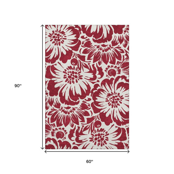 HomeRoots 5' X 8' Burgundy Floral Area Rug - Washable, UV Protected, Stain-Resistant, Stylish & Durable Design 648630