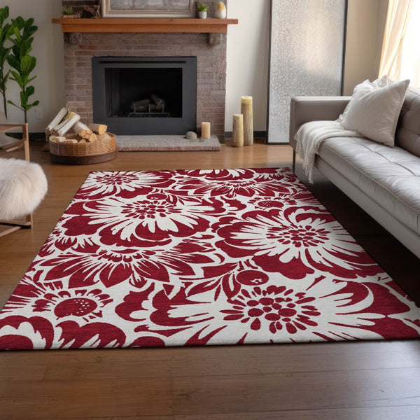 HomeRoots 5' X 8' Burgundy Floral Area Rug - Washable, UV Protected, Stain-Resistant, Stylish & Durable Design 648630