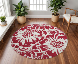HomeRoots 8' Burgundy Floral Round Rug - Washable, Stain Resistant & UV Protected for Stylish Spaces 648631