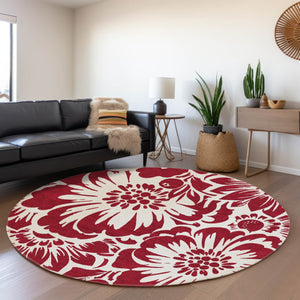 HomeRoots 8' Burgundy Floral Round Rug - Washable, Stain Resistant & UV Protected for Stylish Spaces 648631