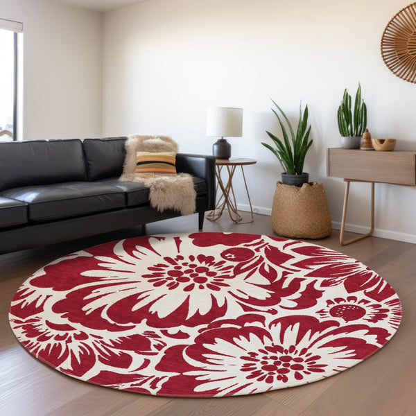 HomeRoots 8' Burgundy Floral Round Rug - Washable, Stain Resistant & UV Protected for Stylish Spaces 648631