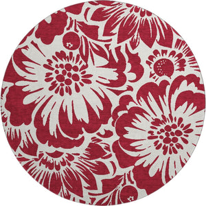 HomeRoots 8' Burgundy Floral Round Rug - Washable, Stain Resistant & UV Protected for Stylish Spaces 648631
