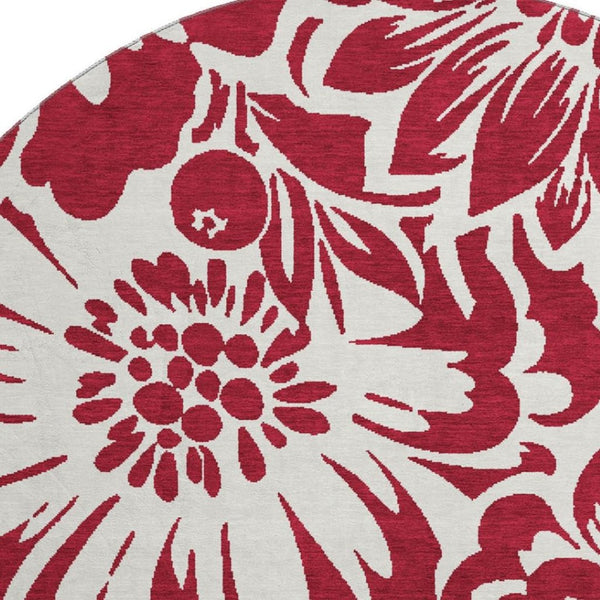HomeRoots 8' Burgundy Floral Round Rug - Washable, Stain Resistant & UV Protected for Stylish Spaces 648631