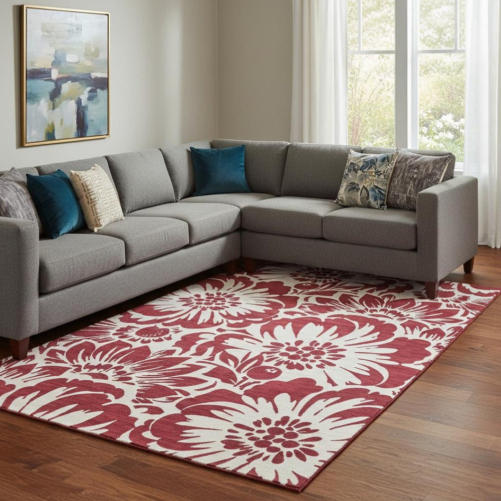 HomeRoots 9' X 12' Elegant Burgundy and Ivory Floral Area Rug with Stain Resistance and UV Protection 648633