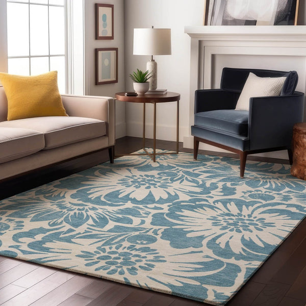 HomeRoots 5' X 8' Denim Blue & Ivory Floral Area Rug - Stylish, Washable, UV-Protected for Busy Homes! 648636