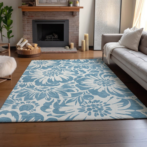 HomeRoots 5' X 8' Denim Blue & Ivory Floral Area Rug - Stylish, Washable, UV-Protected for Busy Homes! 648636