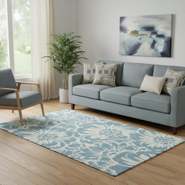 HomeRoots 5' X 8' Denim Blue & Ivory Floral Area Rug - Stylish, Washable, UV-Protected for Busy Homes! 648636