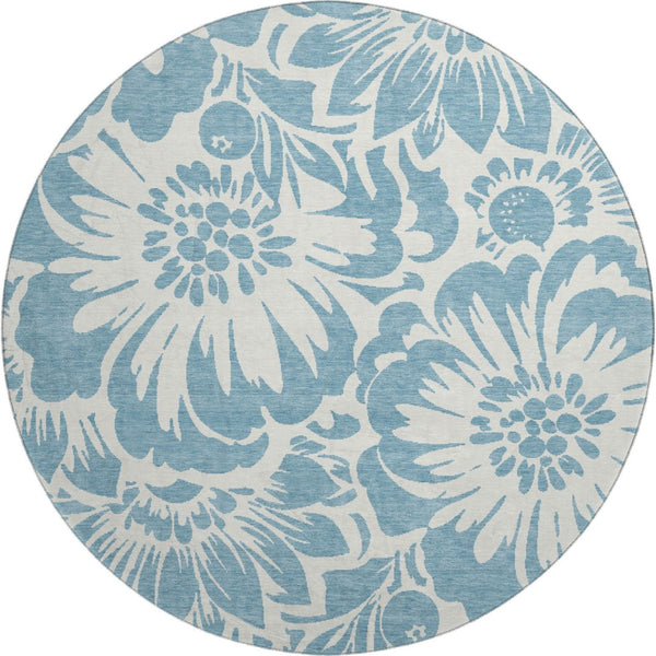 HomeRoots 8' Denim Blue and Ivory Floral Washable Round Rug - Durable, UV-Protected, Perfect for Any Space 648637