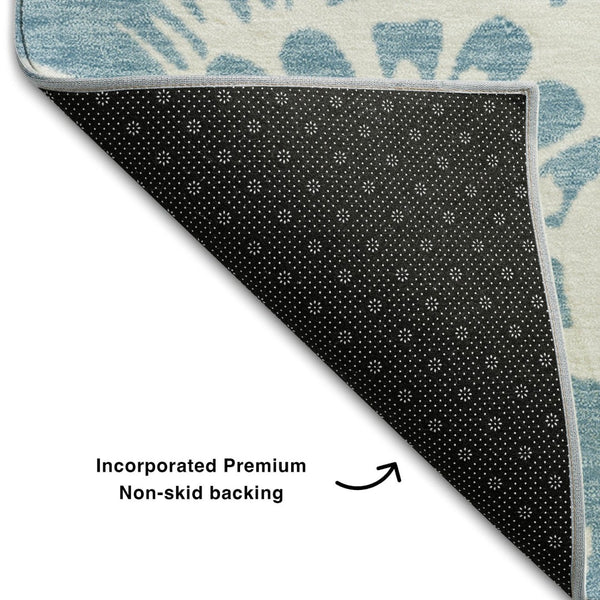 HomeRoots 8' Denim Blue and Ivory Floral Washable Round Rug - Durable, UV-Protected, Perfect for Any Space 648637