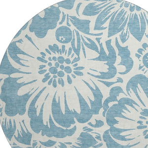 HomeRoots 8' Denim Blue and Ivory Floral Washable Round Rug - Durable, UV-Protected, Perfect for Any Space 648637