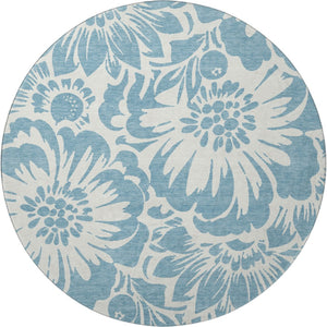 HomeRoots 8' Denim Blue and Ivory Floral Washable Round Rug - Durable, UV-Protected, Perfect for Any Space 648637
