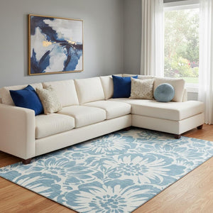HomeRoots 8' X 10' Denim Blue Floral Area Rug - Washable, UV Protected, Durable for Family Living Spaces 648638