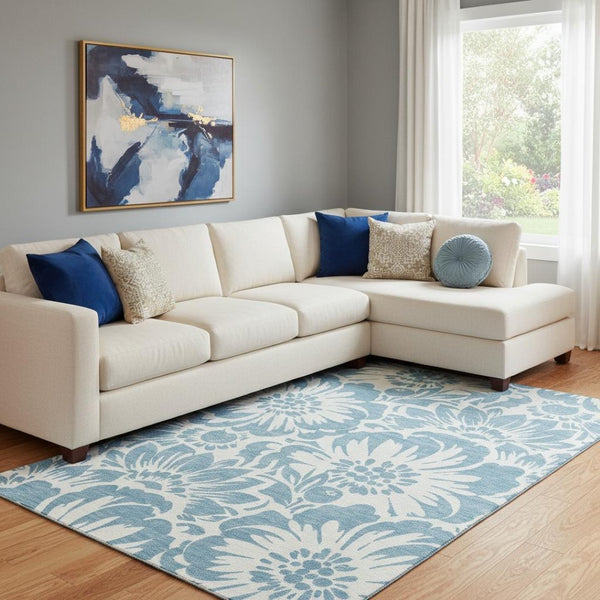 HomeRoots 8' X 10' Denim Blue Floral Area Rug - Washable, UV Protected, Durable for Family Living Spaces 648638