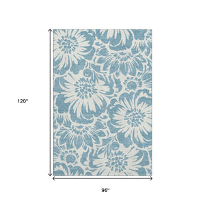 HomeRoots 8' X 10' Denim Blue Floral Area Rug - Washable, UV Protected, Durable for Family Living Spaces 648638