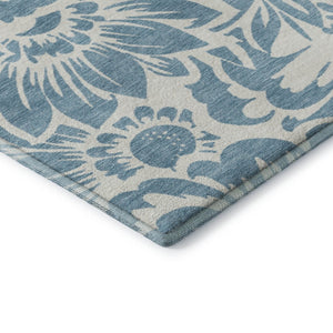 HomeRoots 9' X 12' Denim Blue & Ivory Floral Washable Area Rug - UV Protected & Stain Resistant for High-Traffic Spaces 648639
