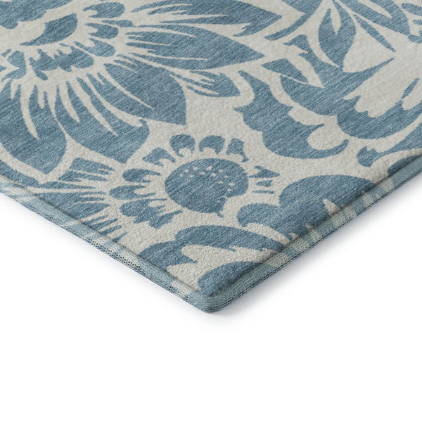HomeRoots 9' X 12' Denim Blue & Ivory Floral Washable Area Rug - UV Protected & Stain Resistant for High-Traffic Spaces 648639