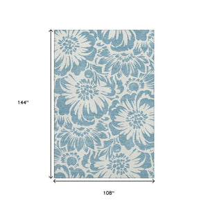 HomeRoots 9' X 12' Denim Blue & Ivory Floral Washable Area Rug - UV Protected & Stain Resistant for High-Traffic Spaces 648639