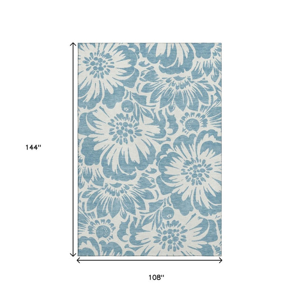 HomeRoots 9' X 12' Denim Blue & Ivory Floral Washable Area Rug - UV Protected & Stain Resistant for High-Traffic Spaces 648639