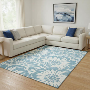 HomeRoots 9' X 12' Denim Blue & Ivory Floral Washable Area Rug - UV Protected & Stain Resistant for High-Traffic Spaces 648639