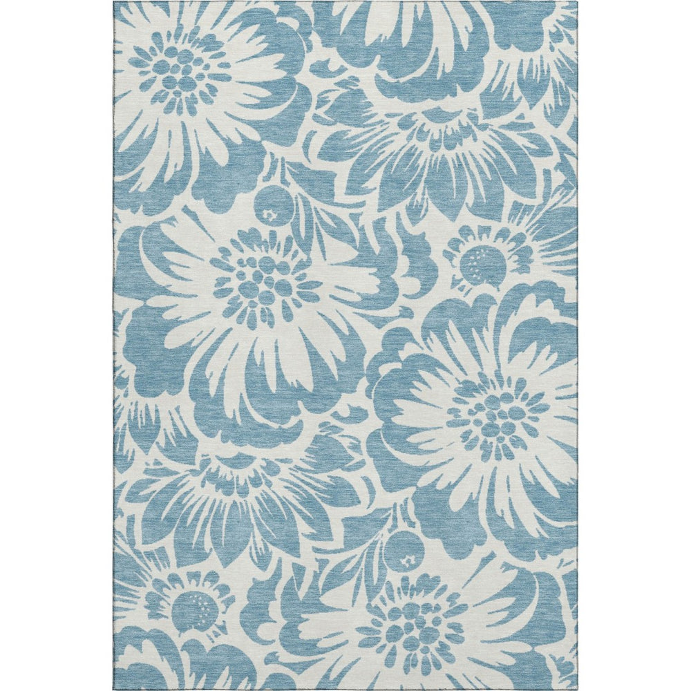 HomeRoots 10' X 14' Denim Blue Floral Area Rug – Washable, UV Protected, Stain Resistant for Family Spaces 648640