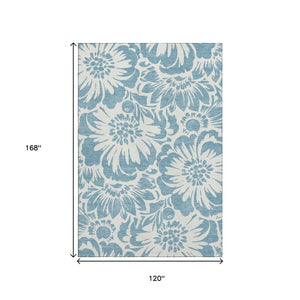 HomeRoots 10' X 14' Denim Blue Floral Area Rug – Washable, UV Protected, Stain Resistant for Family Spaces 648640