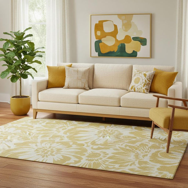 HomeRoots 5' X 8' Floral Washable Area Rug in Gold & Ivory - Durable, Stain-Resistant with UV Protection! 648642