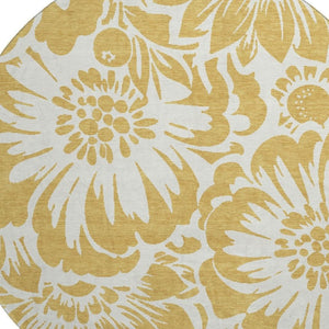 HomeRoots 8' Gold and Ivory Floral Round Rug - Washable, UV Protected, Durable, Stain Resistant for High-Traffic Areas 648643