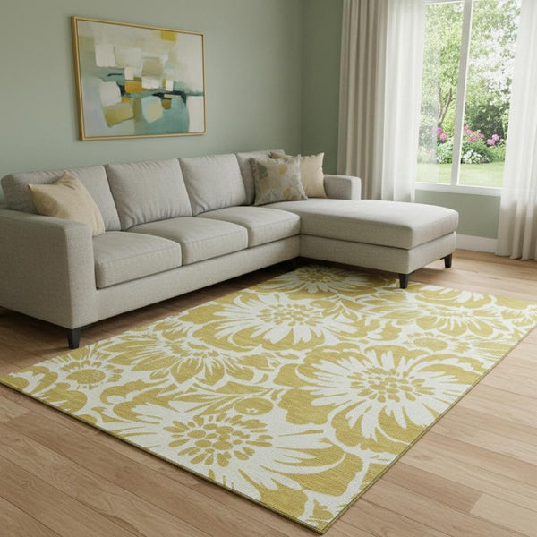 HomeRoots 8' X 10' Gold and Ivory Floral Area Rug - Washable, UV Protected, Stain-Resistant for Busy Homes 648644