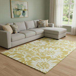 HomeRoots 9' X 12' Elegant Gold and Ivory Floral Washable Area Rug with UV Protection for High-Traffic Homes 648645