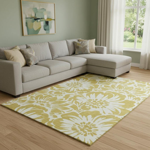HomeRoots 9' X 12' Elegant Gold and Ivory Floral Washable Area Rug with UV Protection for High-Traffic Homes 648645