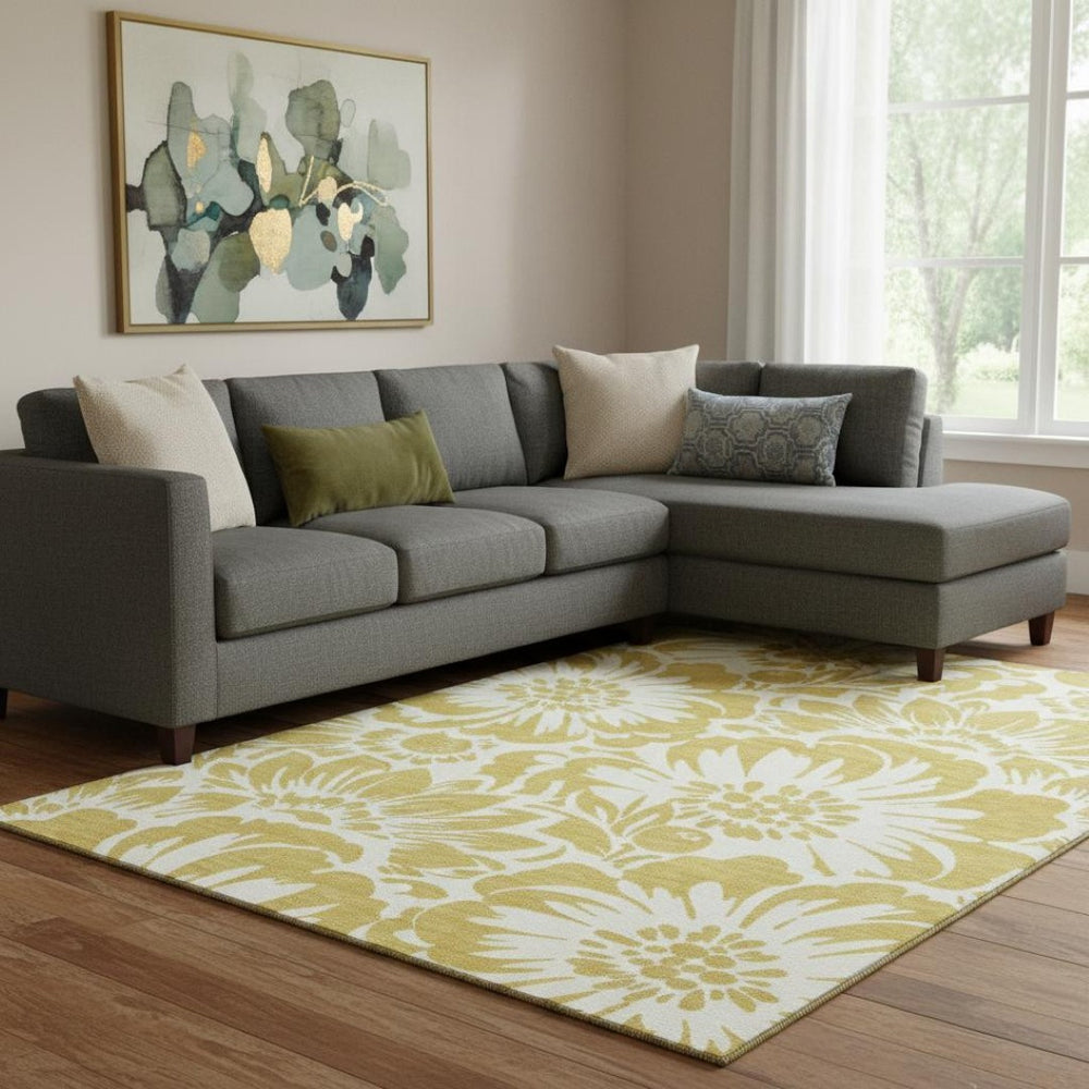 HomeRoots 10' X 14' Gold and Ivory Floral Washable Area Rug - UV Protected, Stain-Resistant, Soft Comfort! 648646