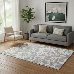 HomeRoots 5' X 8' Gray And Ivory Floral Area Rug - Stylish, Washable & UV Protected for Busy Homes! 648648