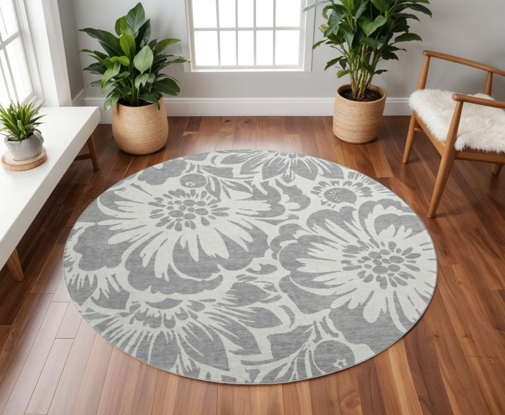 HomeRoots 8' Gray and Ivory Floral Round Rug – Stylish, Stain-Resistant, UV-Protected for Any Space! 648649