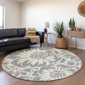 HomeRoots 8' Gray and Ivory Floral Round Rug – Stylish, Stain-Resistant, UV-Protected for Any Space! 648649