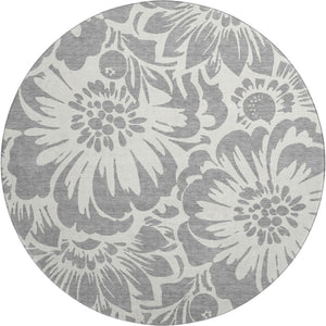 HomeRoots 8' Gray and Ivory Floral Round Rug – Stylish, Stain-Resistant, UV-Protected for Any Space! 648649