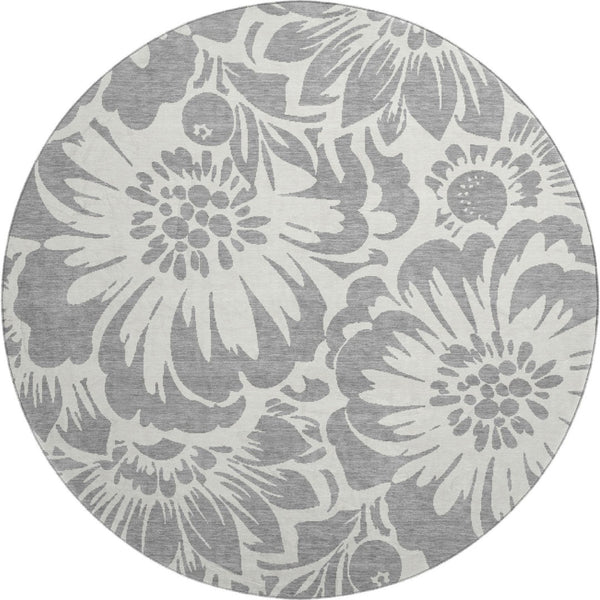 HomeRoots 8' Gray and Ivory Floral Round Rug – Stylish, Stain-Resistant, UV-Protected for Any Space! 648649