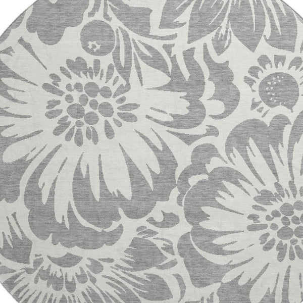 HomeRoots 8' Gray and Ivory Floral Round Rug – Stylish, Stain-Resistant, UV-Protected for Any Space! 648649